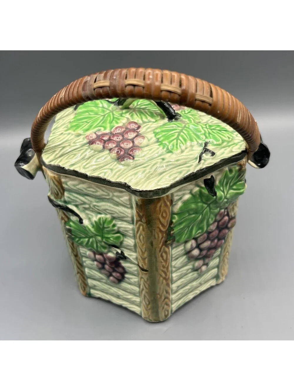 Vintage Japan Majolica Biscuit Cookie Jar Grape Vine Basket Handle Ceramic Lid